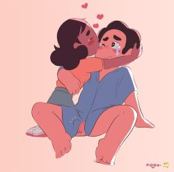 1boy 1girls 2020 affection aged_up barefoot blush blushing bottomless_male cartoon_network chocolate_and_vanilla chubby comforting connie_maheswaran crying_with_eyes_open curly_hair erection erection_under_clothes female full_body fully_clothed happy heart hearts_around_head holding_head holding_partner hug hugging interracial kissing_cheek leaning_back male nyoronyan penis_peek pink_background romantic_ambiance romantic_couple shirt shirt_only shoes signature sitting slight_smile small_penis sparkling_eyes steven_quartz_universe steven_universe straight straight_hair tears teenager wholesome