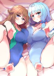 2girls :o absurdres bare_shoulders bed blue_eyes blue_hair breast_press breast_squeeze breasts brown_hair censored competition_swimsuit eyebrows_visible_through_hair highres large_breasts leg_lift leg_up long_hair looking_at_viewer mosaic_censoring multiple_girls on_bed one-piece_swimsuit original pussy rabi-ribi rita_(rabi-ribi) spread_pussy swimsuit symmetrical_docking thighs torn_clothes torn_swimsuit very_long_hair yamada_naoko_(kodamayanao)