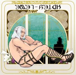 ascian emet-selch final_fantasy final_fantasy_xiv heeled_sandals heeled_shoes inquisitorhawke lingerie lingerie_only male male_only medium_hair mostly_nude mostly_nude_male muscular muscular_male pinup sandals side_view solo solo_male text white_hair yellow_eyes