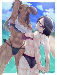 2girls abs akimichi_chouchou akimichi_chouchou(post-butterflymode) armpit_fetish armpits arms_behind_head arms_up ass ass_focus back_muscles beach big_breasts bikini bikini_bottom bikini_top black_hair black_panties black_swimsuit blush bob_cut boruto:_naruto_next_generations brown_hair bubble_ass bubble_butt busty cleavage clothing dark-skinned_female dark_skin dat_ass female female_focus female_only glasses hair_over_one_eye height_difference highres interracial large_breasts light-skinned_female light_skin lips lipstick looking_at_viewer looking_back makeup medium_hair mkck_(miki_chika) muscles muscular muscular_female naruto naruto_(series) ocean outdoors outside pale-skinned_female pale_skin partially_clothed perky_breasts pink_lips pink_lipstick pose posing red_bikini red_swimsuit revealing_clothes sarada_uchiha shoulder_length_hair shounen_jump standing sweat sweatdrop sweating swimsuit thick_thighs thighs tied_hair toned toned_female twintails voluptuous wet wide_hips yellow_eyes