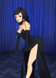 1girls alternate_costume atlus barleyshake breasts cleavage dress female lipstick maya_amano persona persona_2 purple_eyes solo tagme