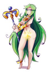 1girls anklet breasts collar demonbloodpal female_only godiva_hair green_eyes green_hair kid_icarus kid_icarus_uprising light_censor long_green_hair long_hair looking_at_viewer navel_piercing nintendo nude nude_female palutena staff tagme vambraces white_background