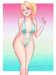 1girls applespicex bikini blonde_hair cleavage closed_eyes female female_only freckles fully_clothed kayla_(applespicex) large_breasts navel open_mouth original original_character peace_sign revealing_clothes skimpy skimpy_bikini skimpy_clothes sling_bikini smile solo wide_hips