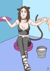 animal_genitalia black_outfit cat_ears cat_girl cat_humanoid cat_tail catgirl choker collar collared crop_top cum_bucket dmsketch94 feet feline hand_on_penis handjob heels interspecies leggings outfit pillow straps