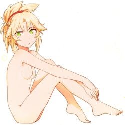 blonde_hair braided_hair fate/apocrypha fate/grand_order fate_(series) female female_only green_eyes hair_ornament hair_ribbon mordred_(fate) mordred_(fate)_(all) mordred_(fate/apocrypha) nipples red_hair_ornament small_nipples yellow_hair