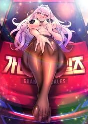 absurd_res big_breasts blush breast_tattoo car covered_nipples feet guardian_tales laying_down long_hair lucy_(guardian_tales) pantyhose pink_eyes thick_thighs tongue_out trickster_lucy_(guardian_tales) two_tone_hair white_hair