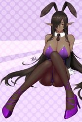 1girls alternate_costume ass black_hair black_pantyhose bunny_ears bunny_girl bunnysuit dark-skinned_female dark_elf dark_skin ear_piercing earrings elf elf_ears elf_female hair_over_one_eye kuroinu_~kedakaki_seijo_wa_hakudaku_ni_somaru~ large_breasts looking_at_viewer multiple_earrings olga_discordia pantyhose playboy_bunny pointy_ears purple_high_heels ryu_seung thick_thighs thighs uncensored very_long_hair white_gloves yellow_eyes