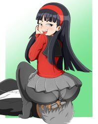 1boy 1girls amagi_yukiko ass_on_face atlus big_ass facesitting light-skinned_female miniskirt narukami_yu naughty_face persona persona_4 protorepulsive repulsiveproto smirk smirking smug smug_face upskirt