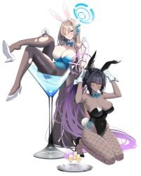 2girls armpits arms_up asuna_(blue_archive) asuna_(bunny)_(blue_archive) asuna_(bunny_girl)_(blue_archive) black_hair black_high_heels black_pantyhose blonde_hair blue_archive blue_eyes blush bunny_ears bunny_girl bunny_tail bunnysuit cleavage dark-skinned_female hair_over_one_eye karin_(blue_archive) karin_(bunny)_(blue_archive) karin_(bunny_girl)_(blue_archive) large_breasts long_hair looking_back otakummm pantyhose playboy_bunny thick_thighs thighs torn_pantyhose uncensored white_gloves white_high_heels yellow_eyes