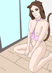 awaiting belly_piercing bored breasts brown_hair cat_ears cat_girl cat_humanoid cat_tail catgirl dmsketch94 freckles green_eyes human kitten kittenplay nipples pink_outfit pink_top tail toy white_skin