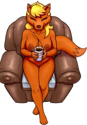 absurd_res anthro armchair beverage big_breasts blonde_hair breasts candy canid canine casual_nudity chair chocolate closed_eyes colored dessert digital_media_(artwork) dipstick_ears dipstick_tail fan_character female food fox front_view fur furniture hair hi_res high-angle_view holding_object hot_chocolate mallory_renard mammal markings multicolored_ears nickelodeon nipples nude orange_body orange_fur redout relaxing simple_background sitting smile solo t.u.f.f._puppy tail_markings white_background