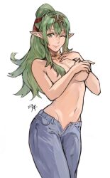 1girls ;) belly big_breasts breasts casual casual_clothes casual_clothing collarbone confident covering covering_breasts denim female female_focus female_only fire_emblem fire_emblem_awakening fire_emblem_heroes green_eyes green_hair hair_ornament hand_bra handbra highres human human_focus human_only jeans large_breasts light-skinned_female light_skin long_hair looking_at_viewer midriff navel nintendo one_eye_closed pants pointy_ears ponytail sakuremi signature simple_background smile smiling solo solo_female solo_focus stomach tiara tiki_(adult)_(fire_emblem) tiki_(fire_emblem) topless topless_female topless_jeans white_background wink winking