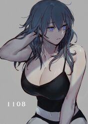 1girls alternate_costume black_camisole black_panties blue_eyes blue_hair breasts byleth_(fire_emblem) byleth_(fire_emblem)_(female) camisole cleavage closed_mouth commentary cowboy_shot expressionless eyebrows_visible_through_hair female female female_only fire_emblem fire_emblem:_three_houses grey_background hair_between_eyes hand_in_own_hair l0gman large_breasts long_hair looking_to_the_side midriff navel nintendo panties shade simple_background sleeveless solo spaghetti_strap taut_clothes twitter_username underwear