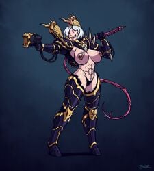 1girls adepta_sororitas armor big_breasts blazbaros casual chaos_(warhammer) demon_girl female firearm handgun huge_breasts human imperium_of_man monster monster_girl nipple_piercing pale_skin sister_of_battle slaanesh slaanesh_mark thick_thighs unconvincing_armor warhammer_(franchise) warhammer_40k weapon