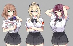 2022 3girls :< :o absurd_res ara_ara armband arms_behind_head arms_up bare_arms blonde_hair blue_eyes book bow bowtie breast_pocket breasts brown_hair button_gap clothed clothing crossed_arms eyebrows_visible_through_hair female female_only flower fully_clothed genshin_impact green_eyes grey_background hair_between_eyes hand_in_hair hand_on_face highlights highres holding_book holding_paper jean_gunnhildr joshi_kōsei_rich_thots large_breasts line4x lisa_(genshin_impact) long_hair looking_at_viewer matching_hair/eyes multicolored_hair multiple_girls open_mouth paper parody pleated_skirt ponytail purple_eyes purple_flower purple_hair purple_highlights rosaria_(genshin_impact) school_uniform seductive serious short_hair simple_background skirt smile standing thick_thighs thighs tied_hair two_tone_hair uniform