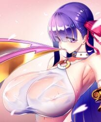 1girls 2020 aka_syakkou armpits bare_shoulders bow breasts claws clothing collar detached_sleeves erect_nipples erect_nipples_under_clothes eyebrows_visible_through_hair eyes_visible_through_hair fate/extra fate/extra_ccc fate/grand_order fate_(series) female female_only finger_to_mouth hair_ribbon highres huge_breasts lips long_hair looking_at_viewer matching_hair/eyes midriff navel nipple_bulge nipples_visible_through_clothing o-ring o-ring_top passion_lip pink_background purple_eyes purple_hair ribbon see-through see-through_clothing sideboob solo sweat tears teeth wet wet_clothes