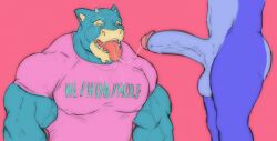 abstract_background animal_humanoid anthro balls bara_tiddies bara_tits big_chest big_pecs bodily_fluids boner clothing cum cum_on_face cum_string dragon duo ear_piercing ear_ring english_text erection genital_fluids genitals gigantic_chest gigantic_pecs half-erect huge_chest huge_pecs humanoid large_pectorals male male/male male_only man_boobs man_breasts massive_chest massive_pecs moobs muscular muscular_male nude one_eye_closed open_mouth penis piercing pink_background pink_clothing pink_shirt pink_topwear shirt simple_background t-shirt text tongue tongue_out tongue_piercing topwear tylerstark unknown_species