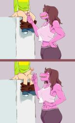 2koma anthro balls bigger_female blush boner breasts brown_hair brown_pants camekirin censored censored_penis cock cock_shock crop_top deltarune dick erect_penis erection female female_anthro fit_female getting_erect green_sweater human kris_(deltarune) larger_female light-skinned_male low_res lowres male male/female male_human male_human/female_anthro medium_breasts muscular_female pants_around_legs pants_down penis penis_out pink_body pink_skin pixelated sharp_claws sharp_teeth shocked shocked_expression sitting smaller_male snout sportswear susie_(deltarune) taller_female taller_girl undertale_(series) white_shirt yoga_pants