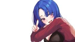 1girls :d big_breasts blue_hair blush blushing blushing_at_viewer bra emily_(stardew_valley) female female_only fuchsia_eyes grunel happy light-skinned_female light_skin nail_polish pointing_at_viewer red_eyes simple_background smile smiling smiling_at_viewer solo stardew_valley