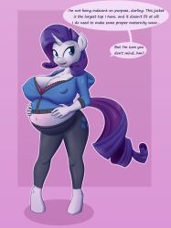 anthro big_breasts english_text funble_(artist) my_little_pony pregnant rarity_(mlp) text text_bubble white_body