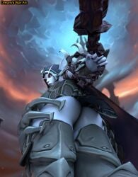 3d 3d_(artwork) armor ass ass_focus blizzard_entertainment blue_skin chains clothed clothed_female dreamswarart female femdom hood mawsworn pov pov_ass pov_eye_contact red_eyes sylvanas_windrunner the_maw_(warcraft) undead undead_(warcraft) warcraft world_of_warcraft