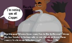 anthro big_breasts breasts copper_(shoestrang) drunk fox fox_ears fox_girl fox_tail khoxgrow_island oiled original original_character pixel_art shiny_skin shoestrang text video_games