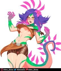 1girls allen_skies02 blush hair_ornament league_of_legends neeko nipples open_mouth partially_clothed solo standing tail white_background yellow_eyes