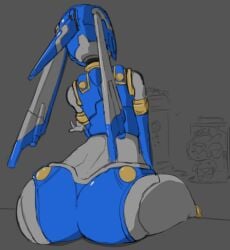 1boy 1girls artist_request ass ass_focus back_view big_ass fairy_leviathan helmet highleg_panties mega_man mega_man_zero rockman rockman_zero sitting zero_(mega_man)