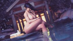 alluring bare_legs big_breasts black_and_red_and_purple_hair blue_eyes completely_nude_female daz_studio female gcb hot_spring kitsune_marks kunimitsu_ii kunoichi looking_at_viewer namco nipples nude onsen sultry tekken tekken_7 voluptuous