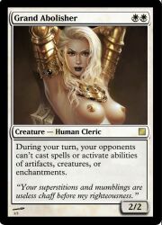 blonde_hair breasts brown_eyes card_(medium) female gold_armor golden_nipples human magic_the_gathering pale_skin text trading_card