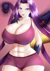 1girls abs big_breasts breasts exercise_clothing fate/grand_order fate_(series) gigantic_breasts gorgon gorgon_(fate) gym_shorts huge_breasts large_breasts lunar_avenger medusa_(fate) muscular_female purple_hair scales shorts solo_female sweat sweatdrop sweating sweaty tail tank_top thick_thighs tight_clothing wide_hips workout_clothes