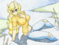 anthro applejack_(mlp) big_breasts breasts clothed female female_focus female_only flicker-show my_little_pony navel nipple_bulge orange_body ripped_clothing ripped_pants river smooth_skin thick_thighs wet wet_hair