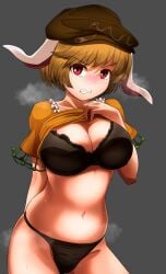 animal_ears bangs black_background black_bra black_panties blonde_hair bra breasts brown_headwear bunny_ears cabbie_hat clothes_lift cowboy_shot eyebrows_visible_through_hair female floppy_ears groin hat highres large_breasts lifted_by_self looking_at_viewer navel orange_shirt panties rabbit_ears red_eyes ringo114514810 ringo_(touhou) shirt shirt_lift short_hair short_sleeves simple_background solo standing sweat touhou underwear v-shaped_eyebrows zawapirori