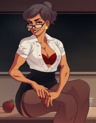 1girls apple avatar_legends bra cleavage clothing earth_kingdom female female_only glasses green_eyes grey_hair large_breasts milf seductive sitting_on_desk skirt solo stockings suyin_bei_fong teacher the_legend_of_korra triplexmile yellow_eyes