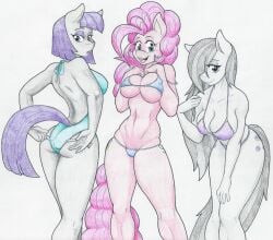 3girls anthro ass bent_over big_breasts bikini bikini_bottom breasts flicker-show friendship_is_magic gray_body looking_at_viewer looking_back marble_pie marble_pie_(mlp) maud_pie maud_pie_(mlp) my_little_pony navel nipple_bulge pink_body pinkie_pie_(mlp) straight_hair swimsuit thick_thighs thigh_bulge thin_waist