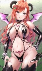 arisugawa_natsuha bangs bare_shoulders bikini black_bikini black_choker black_legwear blush breasts brown_eyes bukkake cameltoe choker collarbone cowboy_shot cum demon_horns demon_wings detached_sleeves earrings eyebrows_visible_through_hair facial female hair_ornament hairclip hand_on_hip hand_on_own_thigh heart heart_hair_ornament highres horns idolmaster idolmaster_shiny_colors jewelry large_breasts long_hair looking_at_viewer micro_bikini nail_polish navel orange_hair parted_lips pink_nails pubic_tattoo sideboob sling_bikini smile solo standing stomach swept_bangs swimsuit tattoo thighhighs urabi_(tomatohouse) very_long_hair wings