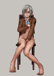 attack_on_titan blush grabbing_own_breast masturbation partially_clothed rico_brzenska sawyer_(artist) shingeki_no_kyojin short_hair simple_background sitting_on_chair white_hair