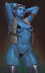 1girls alien alien_girl alternate_version_available apulaz armpits arms_up athletic_female background bedroom_eyes bikini black_bikini blue_body blue_skin clothed clothed_female clothing crossbowpussycat erect_nipples eyebrows freckles front_view hands_behind_head happy headgear knights_of_the_old_republic latex latex_legwear latex_stockings lips looking_at_viewer medium_breasts midriff mission_vao navel nipple_bulge open_clothes open_vest pose signature simple_background sleeveless smile star_wars swimwear tentacle tentacle_hair thick_thighs thighhighs thighs thong twi'lek vest