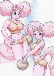 anthro big_breasts clothed female female_focus female_only flat_stomach flicker-show keijo!!!!!!!! my_little_pony nipple_bulge pink_body pink_hair pinkie_pie_(mlp) short_shorts straight_hair