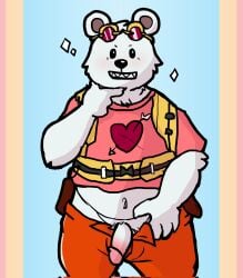 2022 anthro bepo biped black_nose blush clothing genitals heart hi_res humanoid_genitalia humanoid_hands humanoid_penis kayadult male male_focus male_only mammal minkmen_(one_piece) one_piece penis polar_bear shirt slightly_chubby solo solo_male topwear ursid ursine white_body