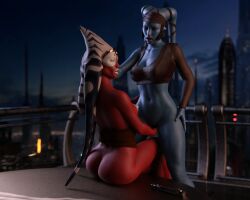 2girls 3d aayla_secura alien alien_girl athletic_female big_ass big_breasts blue_skin bottomless drinkerofskies female_only female_protagonist fit_female functionally_nude indoors interspecies jedi large_ass large_breasts large_penis lekku lekku_(anatomy) lightsaber montrals mouth_open shaak_ti star_wars togruta twi'lek yuri