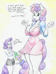 anthro big_breasts breast_focus breasts bulging_breasts flicker-show friendship_is_magic innocent my_little_pony nipple_bulge rarity_(mlp) smooth_skin speech_bubble spike_(mlp) sweetie_belle_(mlp) text tight_clothes unaware