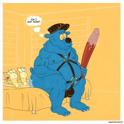 1:1 absurd_res anthro artist_name bed blue blue_body blue_fur bondage bulge captain_bluebear’s_seaman_yarn captain_bluebear_(character) dildo duo english_text gay genitals hein_blöd hi_res humanoid_genitalia humanoid_penis male male/male mammal metrothefox monologue murid murine no_humans overweight penis rat rodent sex_toy text ursid window yellow_body yellow_fur