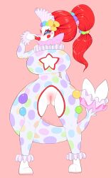 absurd_res anthro bow_tie breasts cleavage cleavage_cutout clothed clothing clown clown_costume clown_makeup clown_nose female frilly frilly_clothing genitals hair hi_res long_hair makeup mammal marine nintendo pinniped pokémon_(species) pokemon primarina pukemilked pussy red_hair smile solo video_games white_body