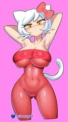 1girls animal_ears armpits arms_behind_head arms_up artist_name bare_arms bare_shoulders bodysuit breast_grab cameltoe cat_ears cat_tail catgirl cleavage covered_navel female female_only hello_kitty hello_kitty_(character) hello_kitty_(series) kitty_white large_breasts looking_at_viewer minus8 pink_background sanrio short_hair signature simple_background skin_tight solo standing tagme tail thick_thighs thunder_thighs tubetop twitter_username white_hair yellow_eyes