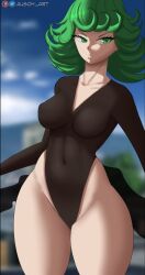 1girls ausoh breasts female female_only green_eyes green_hair one-punch_man short_hair small_breasts solo solo_female standing tatsumaki thick_thighs wide_hips