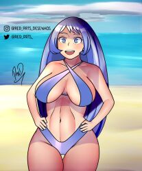 1girls beach big_breasts bikini blue_bikini blue_bra blue_eyes blue_hair blue_panties bra breasts breasts_focus color colored female female_focus female_only long_hair looking_away my_hero_academia nejire_hado panties red_arts