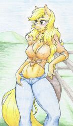 anthro applejack_(mlp) big_breasts breasts clothed female female_focus female_only flicker-show my_little_pony navel nipple_bulge orange_body smooth_skin sweatdrop thin_waist tied_shirt