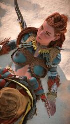 1girls 3d accurate_art_style aloy alternate_costume areolae bodypaint braided_hair breasts canon clipping female female_only glitch horizon_forbidden_west horizon_zero_dawn medium_breasts midriff nipples official_art orange_hair outdoors outside painted_breasts playstation posing red_hair solo sony_interactive_entertainment tribal video_games