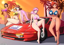 4girls alternate_breast_size assentlov auburn_hair barefoot bikini black_hair brown_hair candy_suxxx car character_request copyright_request crossover feet female_only ferrari_testarossa grand_theft_auto:_vice_city huge_breasts large_breasts looking_at_viewer mario_(series) mercedes_cortez multiple_girls nintendo pink_hair princess_daisy sitting_on_car smiling_at_viewer